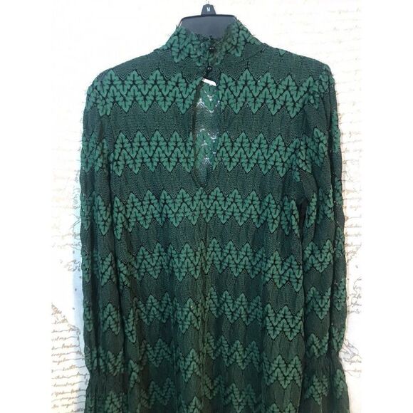 Free People Simone Green Comb Sheer Lace Mini Dress Small Chevron Boho.   Ee - Picture 7 of 10